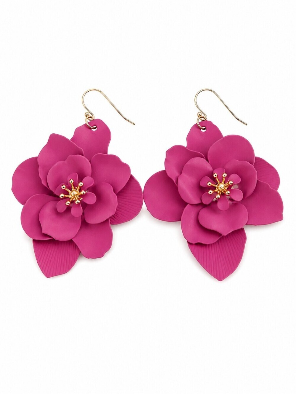 LARGE Fuscia Magenta Rose Flower Dangle Earrings